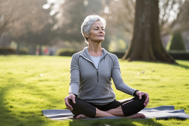 Donna matura che pratica yoga e meditazione all'aperto AI generato