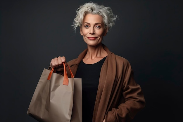 Donna matura con i capelli corti e grigi che tiene i sacchetti di carta sorridenti Ai generati