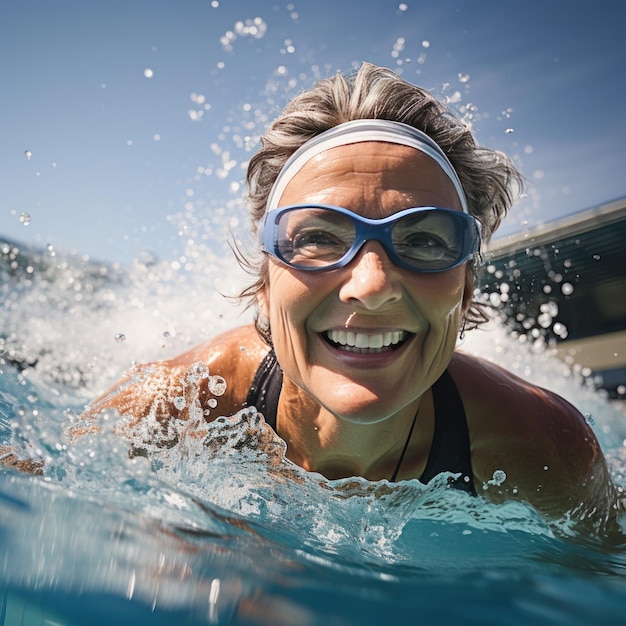 Donna matura con occhiali da nuoto, acqua blu, esercizio di espressione focalizzato