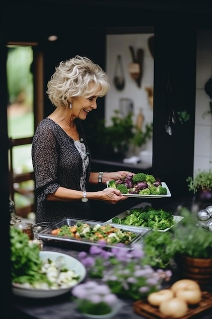 donna matura di razza diversa con i capelli corti che spruzza pepe con lo shaker sulle verdure nel vassoio in cucina