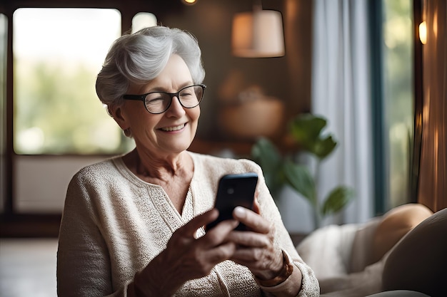Donna matura di sessant'anni felice con uno smartphone che usa un'app per telefono cellulare Tecnologia comunicazione e concetto di persone donna anziana felice con smartphone a casa