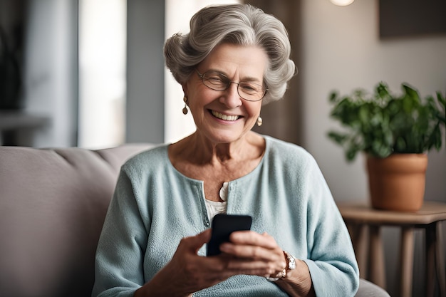 Donna matura di sessant'anni felice con uno smartphone che usa un'app per telefono cellulare Tecnologia comunicazione e concetto di persone donna anziana felice con smartphone a casa