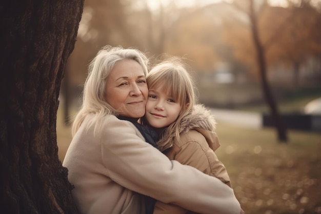 Donna matura felice che abbraccia sua figlia in un parco