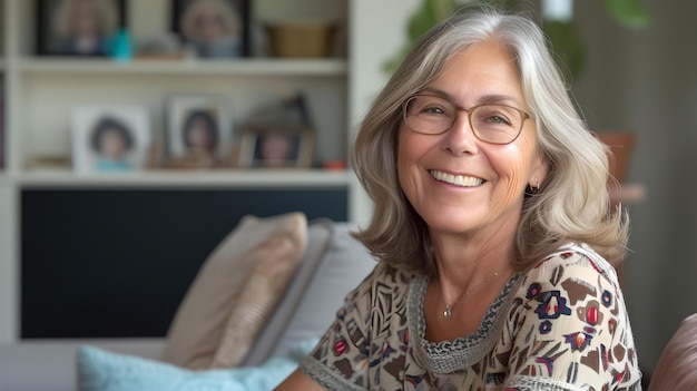 Donna matura gioiosa con gli occhiali sorridente a casa confortevole felicità nella semplicità casuale e rilassato stile di vita senior ritratto AI