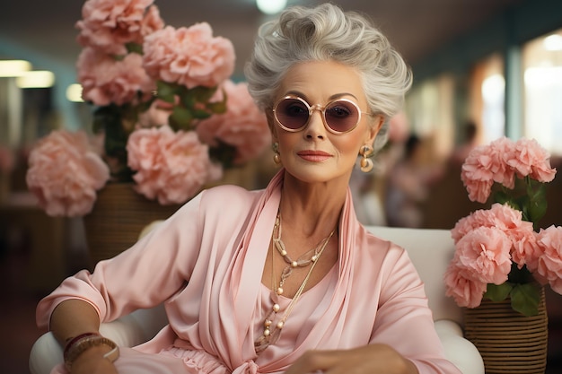 donna matura glamurosa e chic con i capelli grigi bianchi che indossa un accappatoio rosa seta e occhiali da sole