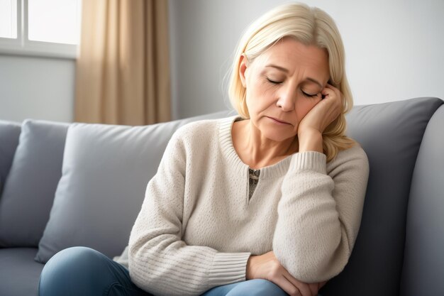 Donna matura seduta sul divano che si sente triste e sola Le donne anziane sconvolte degli anni '70 hanno mal di testa mentre si trovano in soggiorno a casa