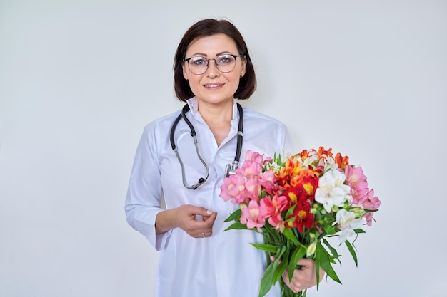 Donna medico infermiera in bianco con bouquet di fiori su sfondo chiaro