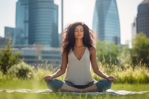 Donna meditante in meditazione nel parco urbano in posa yoga