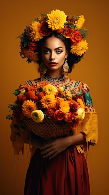 Donna messicana che tiene un fiorista con bouquet di fiori nel Giorno dei morti