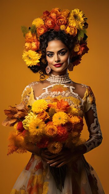 Donna messicana che tiene un fiorista con bouquet di fiori nel Giorno dei morti