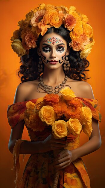 Donna messicana che tiene un fiorista con bouquet di fiori nel Giorno dei morti