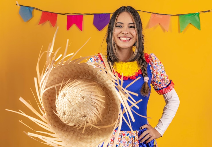 Donna meticcia dai tratti asiatici che indossa gli abiti tipici della Festa Junina con bandiere colorate sullo sfondo