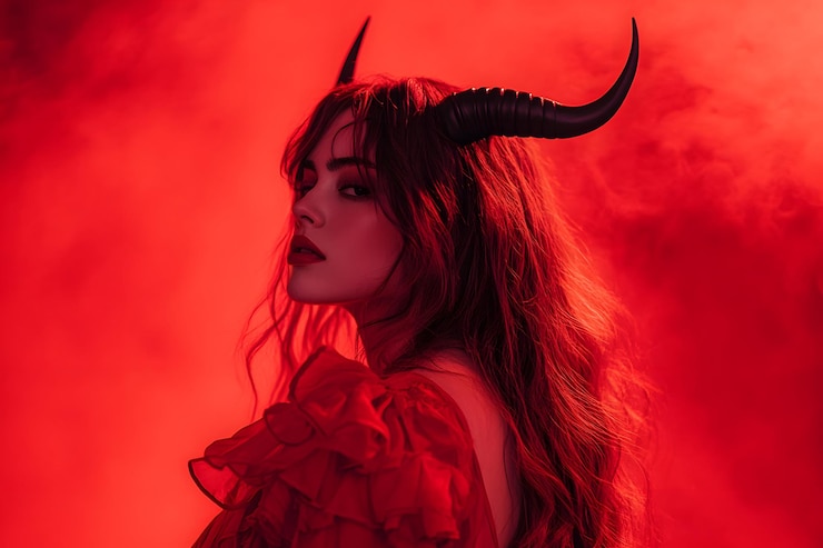 Foto donna misteriosa con le corna in luce rossa