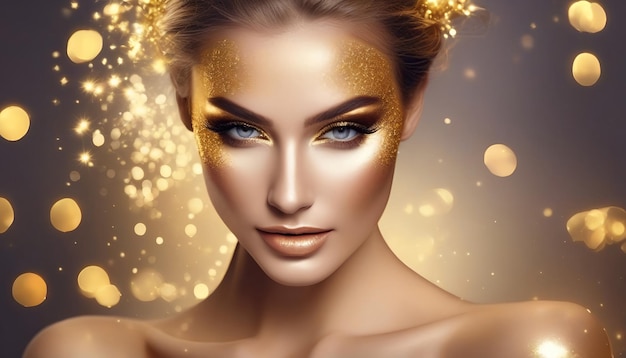 Donna modello di alta moda con brillanti scintillii dorati sulla pelle, ritratto di fiori fantasy di bellezza