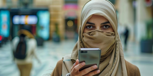 Donna moderna in hijab che usa lo smartphone in una strada urbana