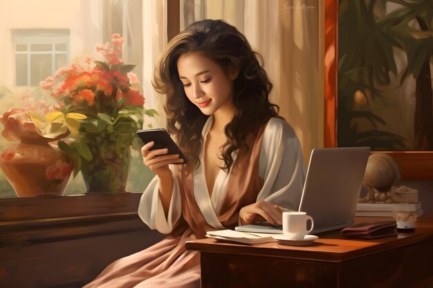 Donna moderna multitasking sul telefono mentre si gode la pausa caffè a casa AI generativa