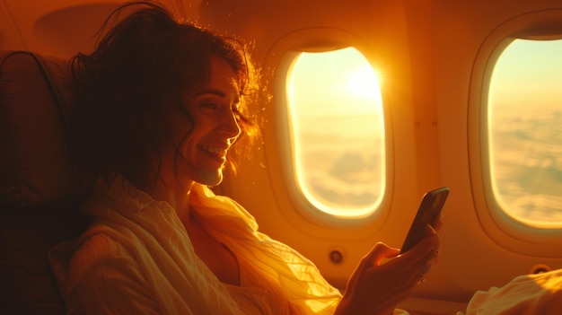 donna moderna sorridente che tiene in mano il telefono e guarda oltre il sedile nell'interno dell'aereo il sole dentro la finestra AI Generative