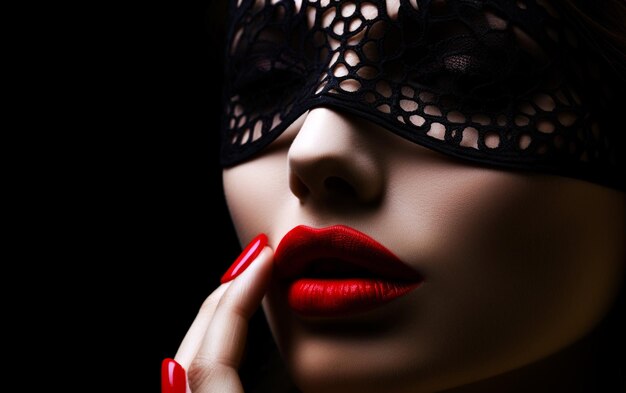 Donna monocromatica seducente con maschera di pizzo nero labbra rosse e bellissime unghie rosse