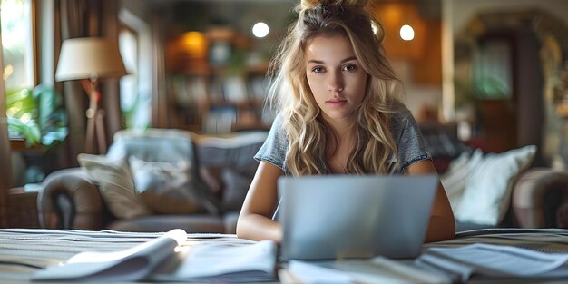 Donna multitasking a casa con laptop e documenti Concetto Multitasking Lavoro a distanza Lavoro da casa Produtività Donna d'affari