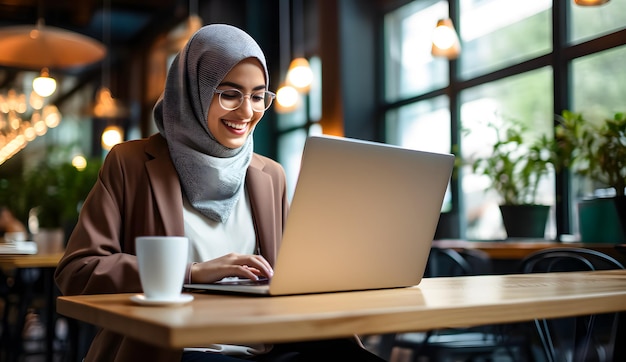 donna musulmana asiatica Hijab donna d'affari che lavora su un computer portatile in un caffè