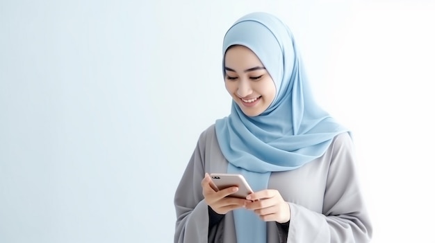 donna musulmana asiatica in hijab blu che usa uno smartphone