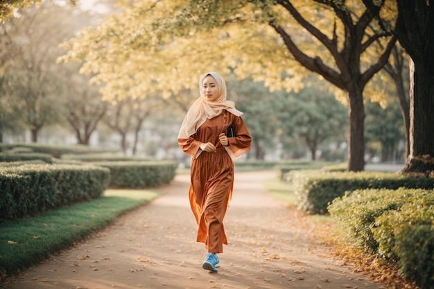 donna musulmana che corre al mattino