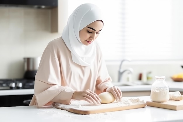 Donna musulmana che fa la pasta della panetteria latte bianco Generate Ai