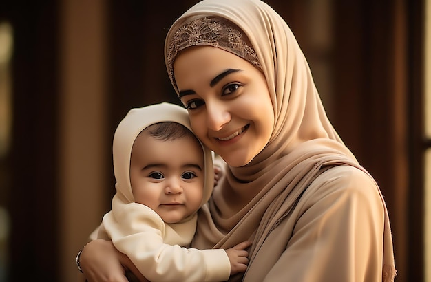 Donna musulmana che indossa un hijab islamico sorridente e tiene in braccio un ragazzo ai generato