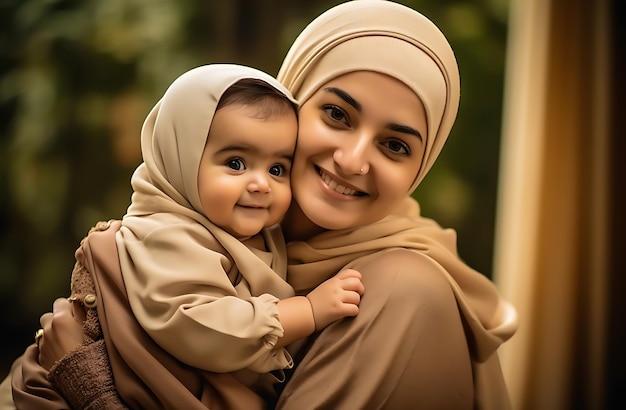 Donna musulmana che indossa un hijab islamico sorridente e tiene in braccio un ragazzo ai generato