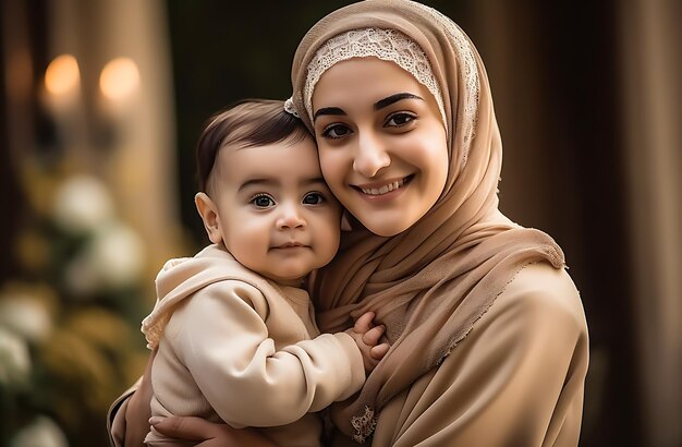 Donna musulmana che indossa un hijab islamico sorridente e tiene in braccio un ragazzo ai generato