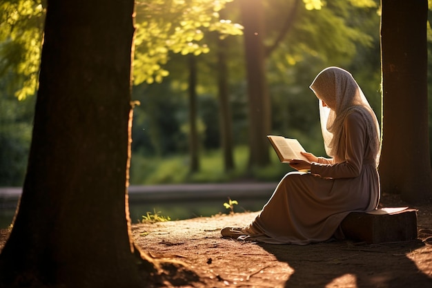 Donna musulmana che legge un libro nel parco Ai generativo