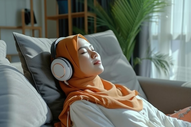 donna musulmana che si gode la musica indossando le cuffie sul divano