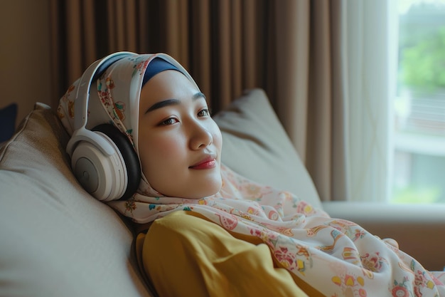 donna musulmana che si gode la musica indossando le cuffie sul divano