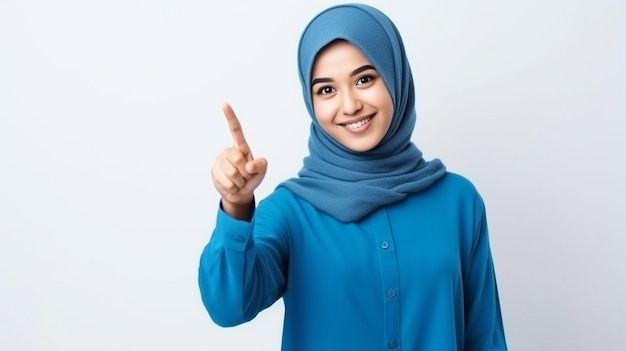 donna musulmana con hijab che punta su sfondo bianco