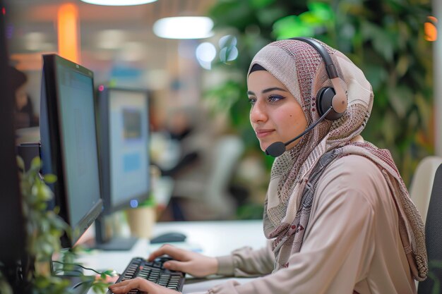 Donna musulmana professionista al Tech Support Desk con AI generata