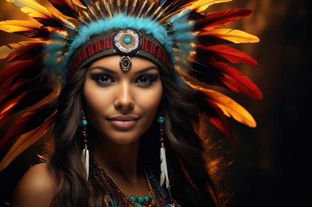 Donna nativa americana sorridente che indossa un copricapo indiano con piume