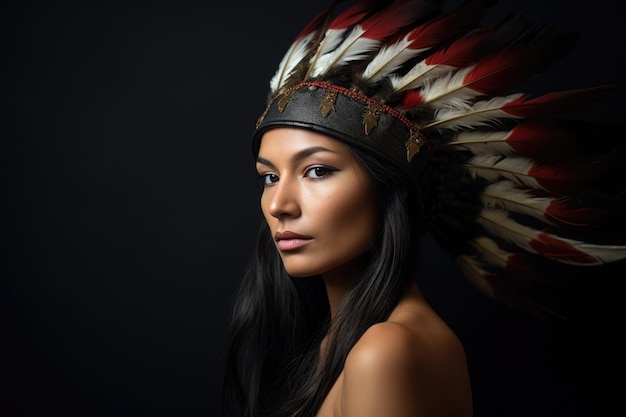 Donna nativa americana sorridente che indossa un copricapo indiano con piume