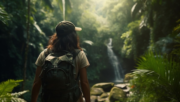 Donna natura flusso giungla foresta turismo zaino bella foresta pluviale di bali alla ricerca di acqua femmina avventura vista viaggiatore cascata tropicale estate stile di vita fiume turista persona