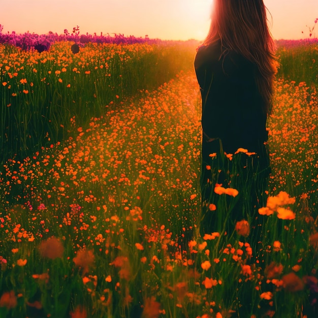 donna nel campo con un fiore di tramonto