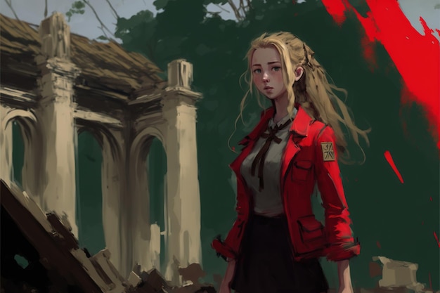 Donna nel parco Giovane donna in rosso in piedi nel parco abbandonato Pittura di illustrazione in stile arte digitale