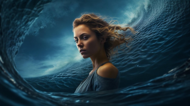 Donna nell'oceano con onde enormi vibrazioni del mare estivo bella ragazza surf sull'acqua IA generativa