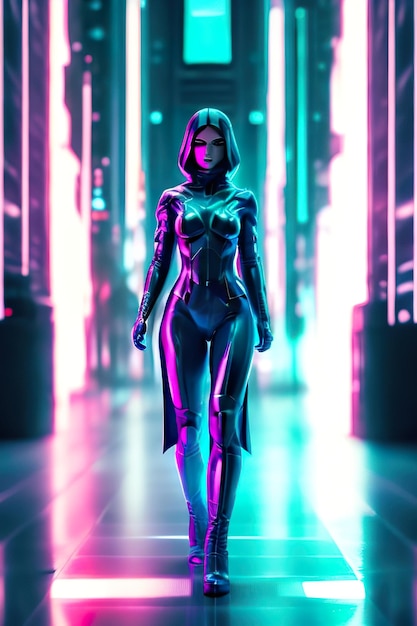 Donna nella futuristica città cyberpunk con luci al neon sullo sfondo IA generativa