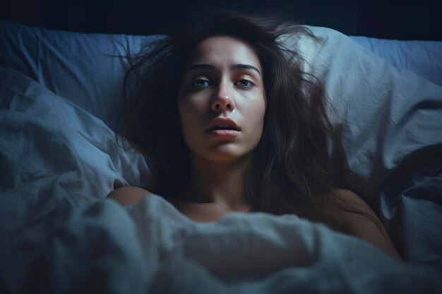 donna nella sua camera da letto sdraiata sul suo cuscino con insonnia e segni di stanchezza sul suo viso