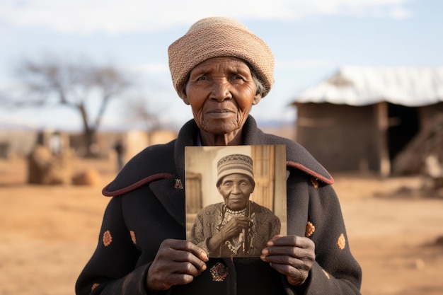 Donna nera anziana tiene in mano una vecchia fotografia AI generativa