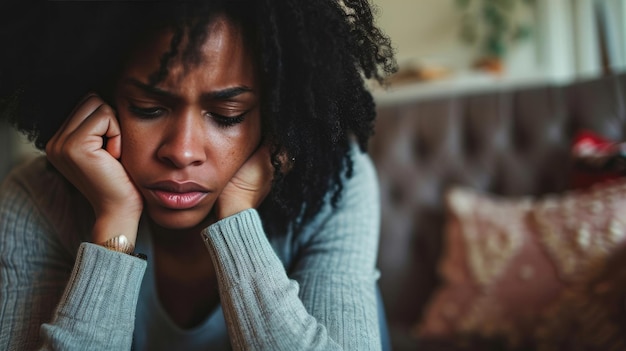 Donna nera che sente sintomi di depressione da sola a casa
