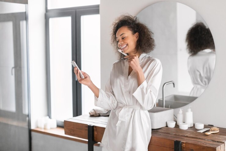 Foto donna nera che si prepara a lavarsi i denti usando il telefono in bagno.