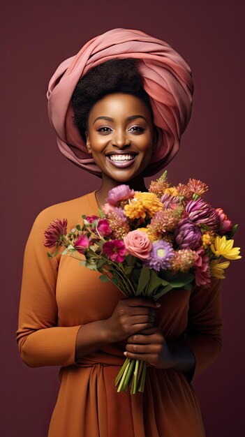 Donna nera che tiene il negozio di fiori con bouquet di fiori