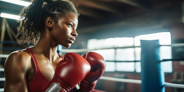 Donna nera con guanti da boxe su un anello Concetto di allenamento sportivo Ai illustrazione generativa