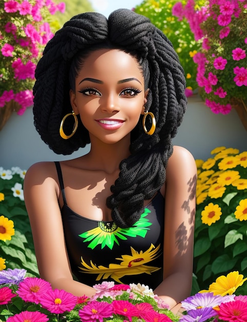 donna nera con i capelli dorsi in un giardino di fiori colorati