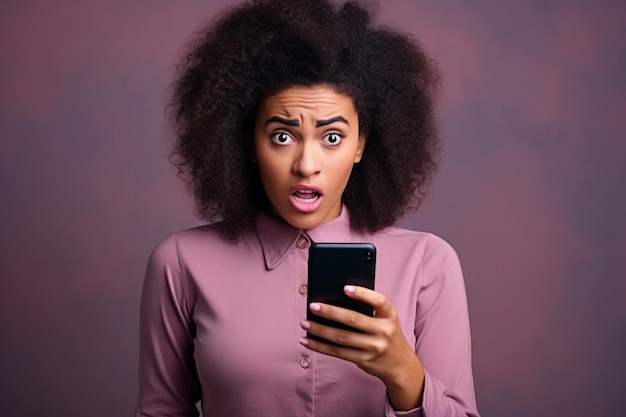 Donna nera con il telefono sullo sfondo dello studio